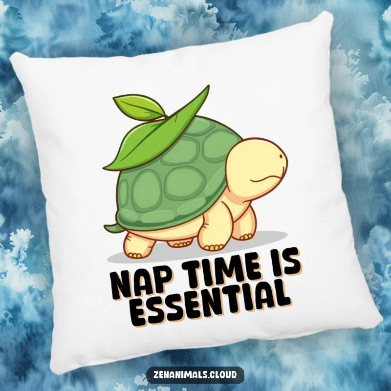 Funny turtle pillow featuring a calm turtle with a leaf on its head, walking slowly, ideal for adding humor and comfort.
