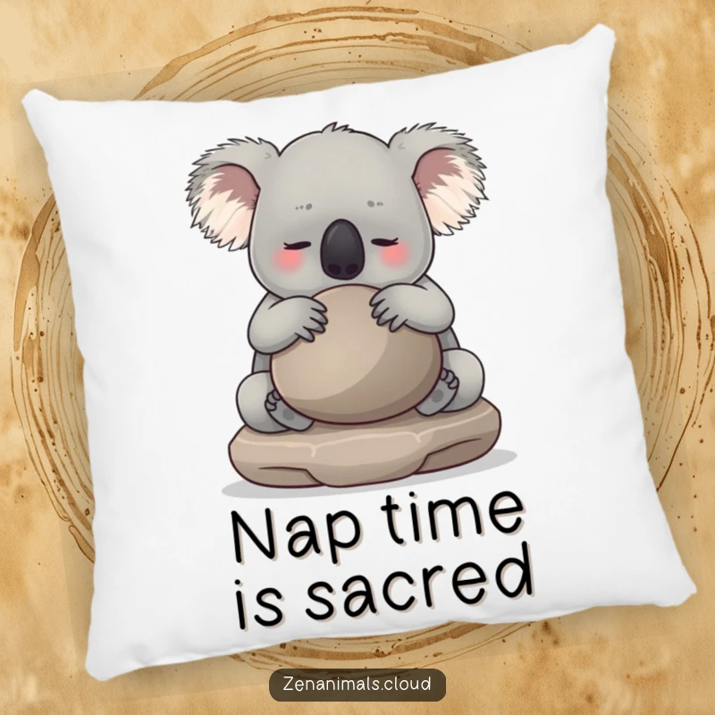 Funny koala hugging a smooth meditation stone on a soft throw pillow, perfect for adding comfort and humor to a room.