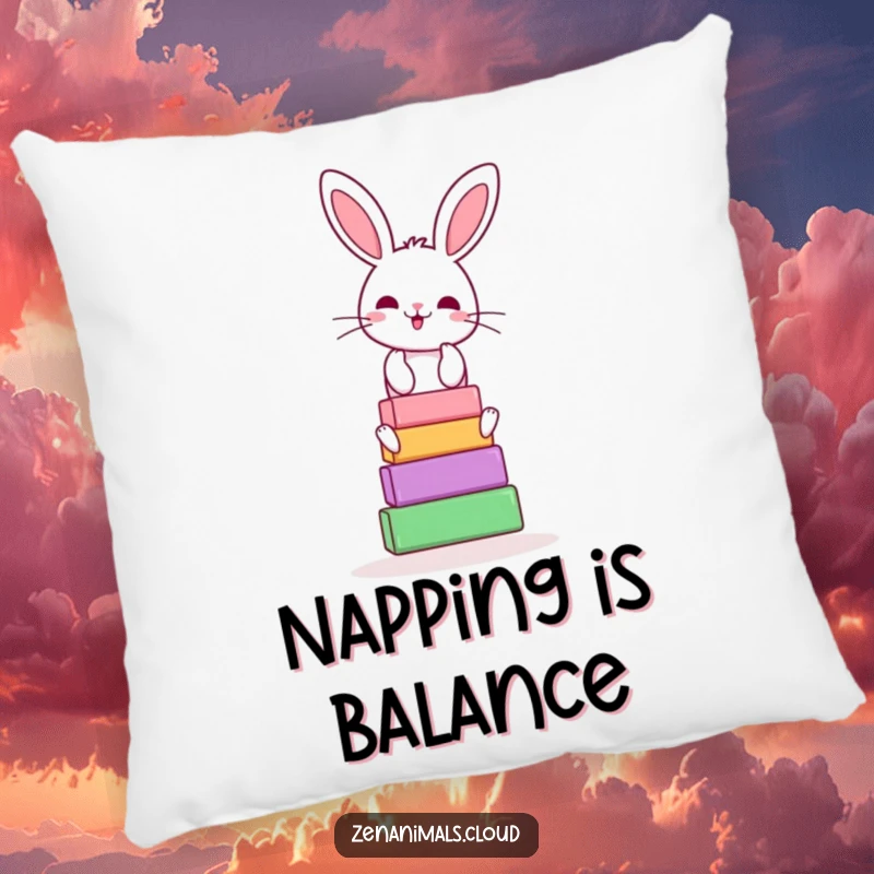 Funny bunny yoga pillow with a cheerful rabbit balancing yoga blocks, soft, comforting, and humorous.