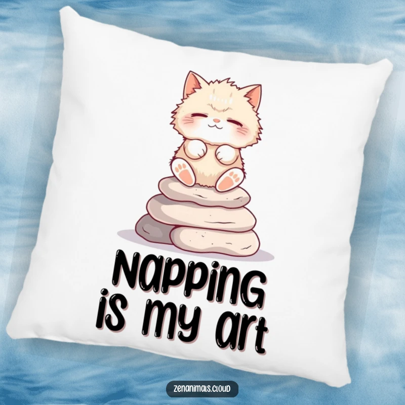 Funny Cat Pillow: Fluffy cat meditating on stone stack, eyes closed, a soft and humorous decor item.