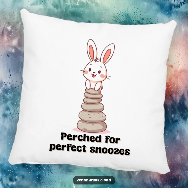 Funny Pillow with a cheerful bunny balancing a stack of pebbles, offering comfort and humorous appeal.