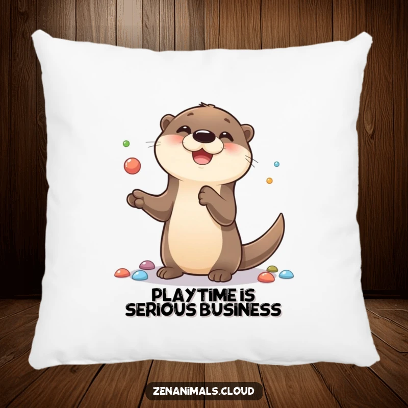 Funny pillow featuring a cute otter smiling and juggling colorful pebbles, bringing a soft, playful, and humorous element to any seating area.