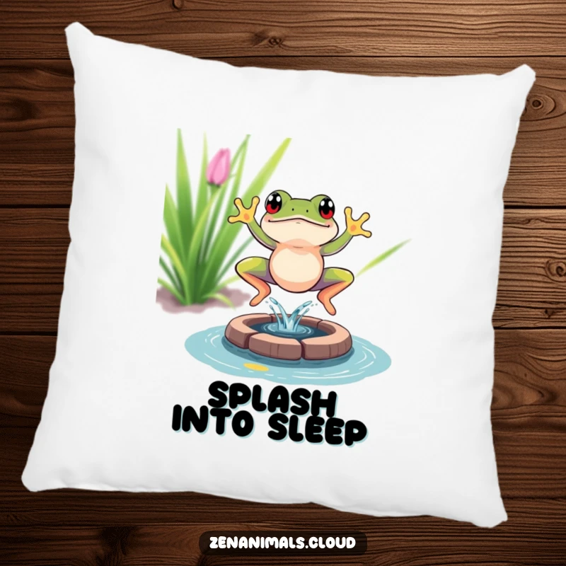 Funny frog meditation pillow showing a vibrant frog leaping into a pond with a humorous splash, a soft and cozy accent.