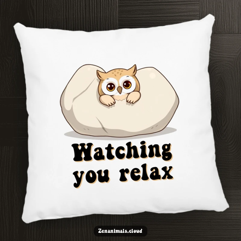 Funny Owl Pillow: A curious owl peeking out from behind a large, smooth stone, offering comfort and humorous decor.