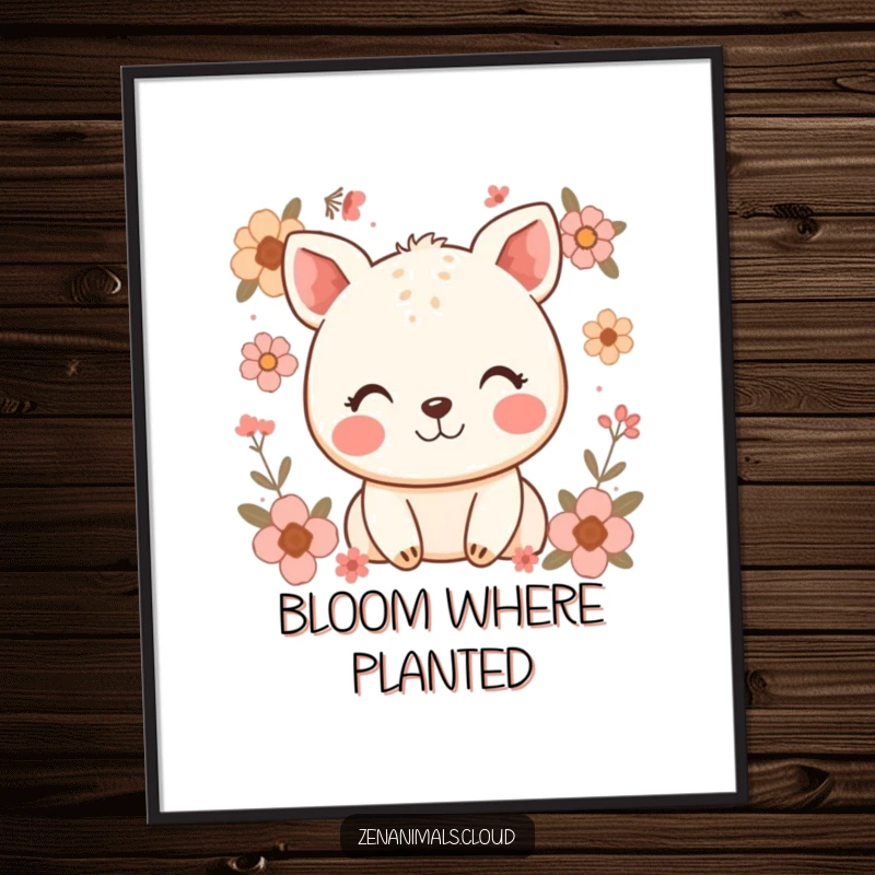 Funny digital art print of a blissful happy animal with a gentle smile, enveloped by soft, elegant floral illustrations for immediate cheer.