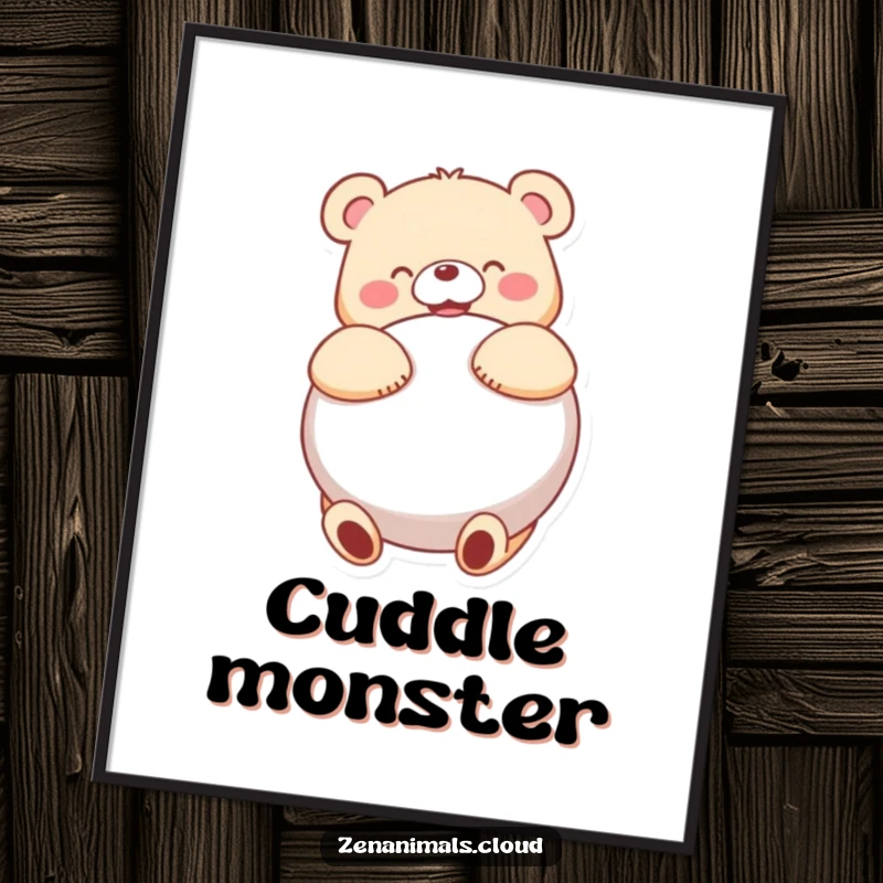 Funny bear character joyfully hugging a large round cushion, presented as heartwarming, humorous digital art.