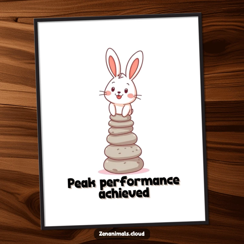 Funny Digital Art Print of a cheerful bunny balancing a stack of pebbles, offering instant humorous decor.