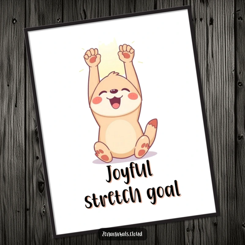 Funny joyful animal digital art print of a happy creature stretching its limbs towards a gentle sunbeam, radiating positivity and warmth.