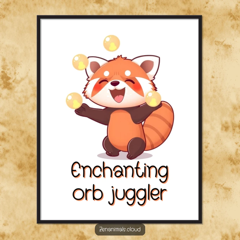 Funny red panda digital art download showing a red panda enthusiastically juggling three glowing orbs with a wide smile.
