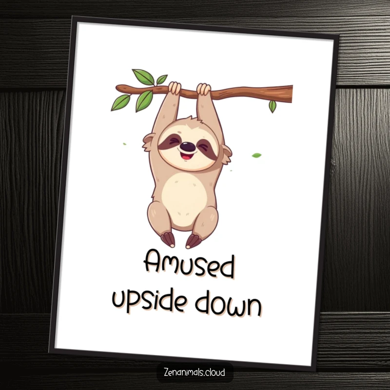 Funny digital art print of a giggling sloth hanging upside down, perfect for adding instant, whimsical humor to decor.