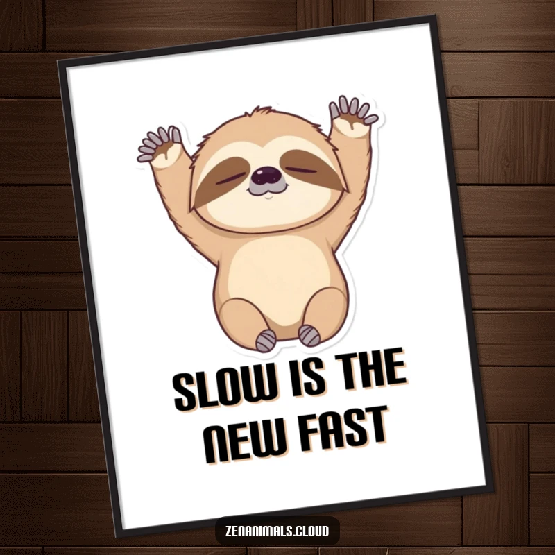 Funny digital art print of a sleepy sloth stretching its arms upwards, designed to bring humor and a relaxed atmosphere to any digital display or print.