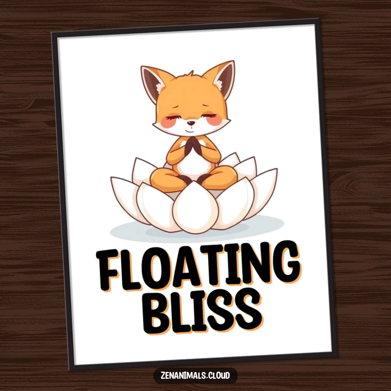 Funny tiny fox meditating peacefully on a floating lotus flower, presented as a high-resolution digital art print.