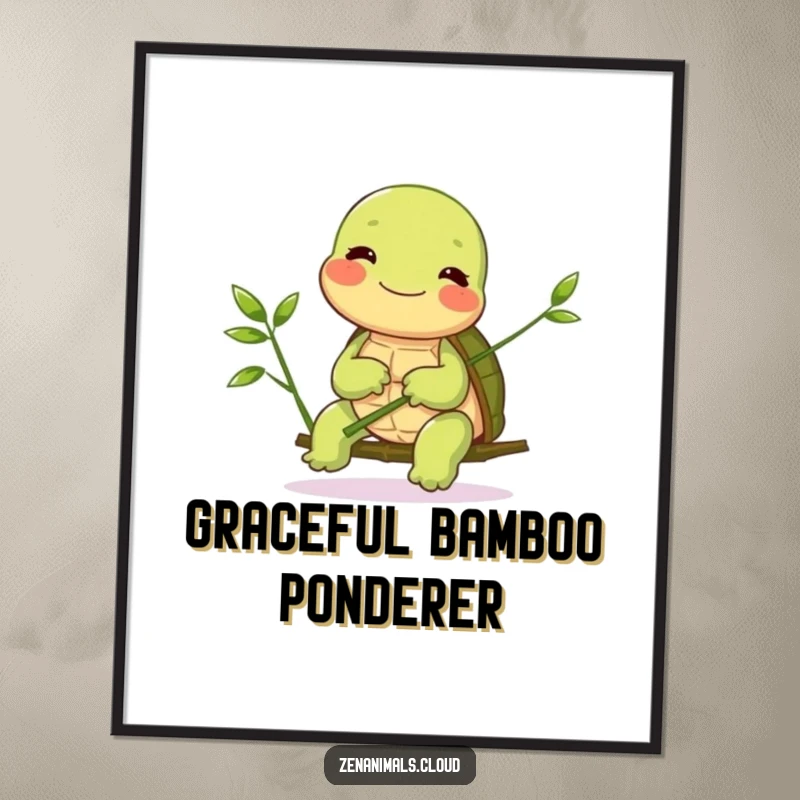 Funny Turtle Digital Art Print: A giggling turtle balances bamboo, radiating patient joy and gentle humor, offering instant calm and whimsical décor.