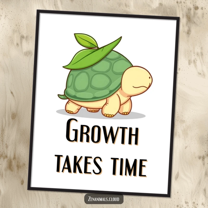 Funny turtle digital art print of a calm reptile with a leaf on its head, walking slowly, offering a humorous and serene visual.