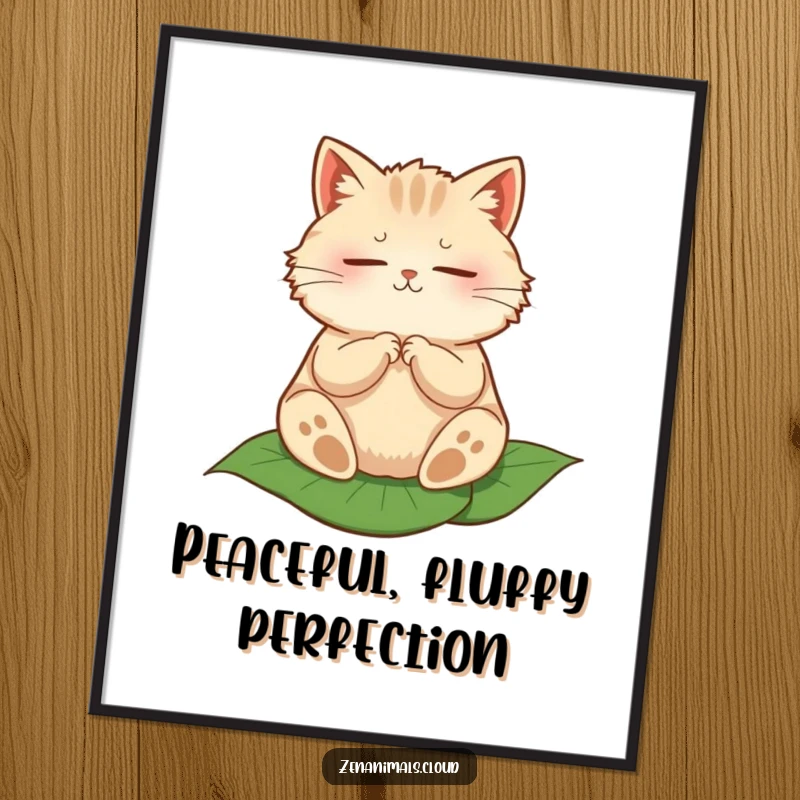 Funny digital art print of a round, fluffy cat meditating peacefully on a leaf, ready for instant download.
