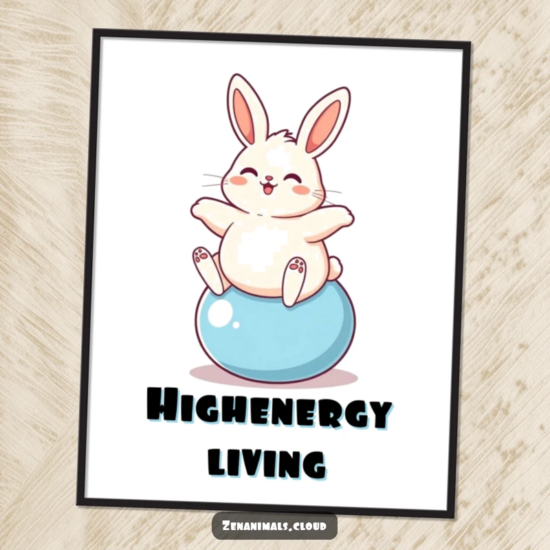 Funny plump bunny happily bouncing on a yoga ball, presented as a high-resolution digital art print for instant decor.