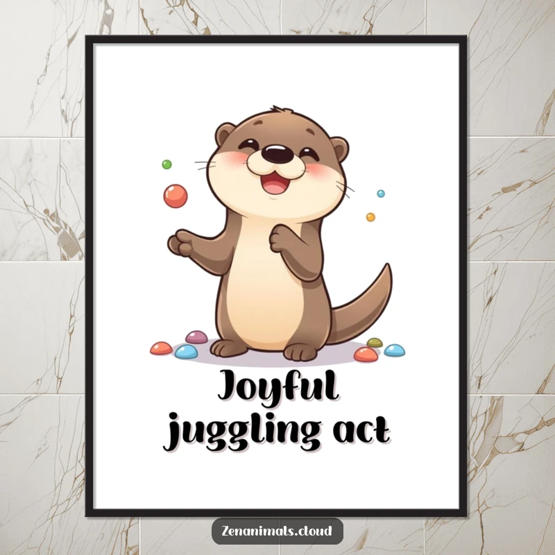 Funny digital art print of a cute otter smiling and juggling colorful pebbles, designed to bring instant cheer and playful humor to any space.