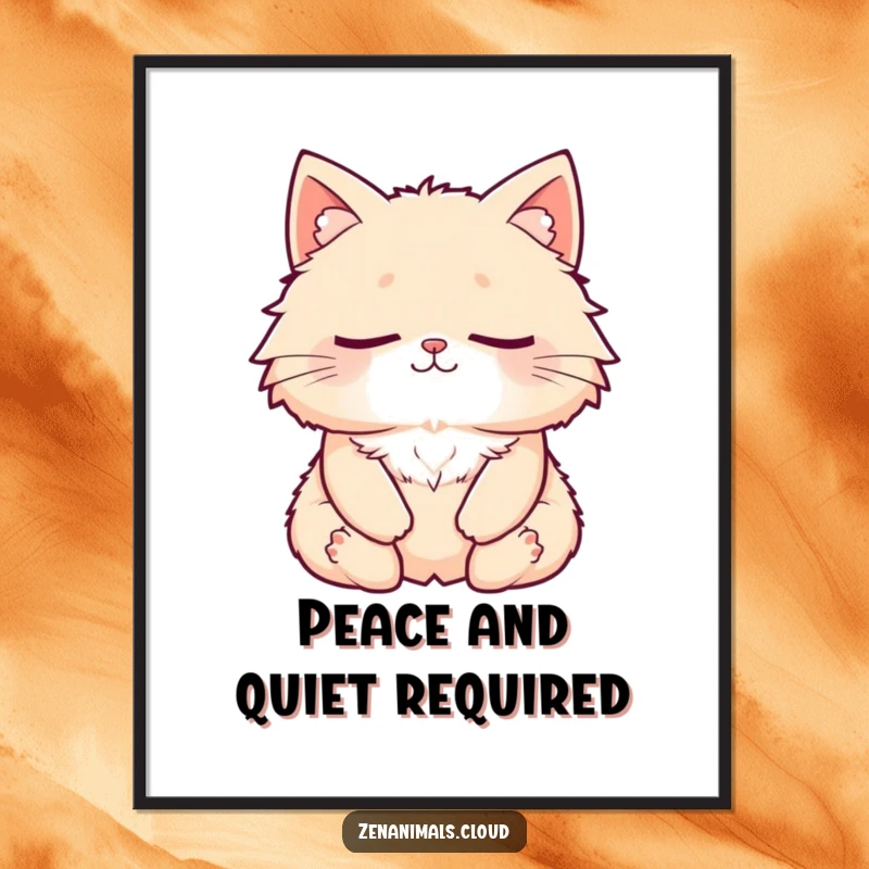 Funny Cat Digital Art Print: A fluffy cat meditating peacefully, eyes closed, with a subtle smile, perfect for humorous wall decor.
