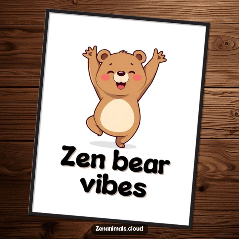 Funny digital art print of a cheerful bear striking a triumphant yoga pose, designed to bring inspiration and humorous energy to any display.