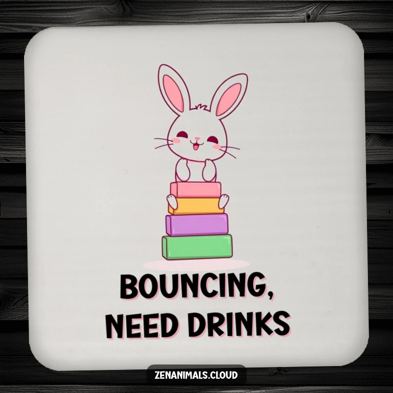 Funny bunny yoga drink coaster with a cheerful rabbit balancing yoga blocks, protecting tables with playful humor.