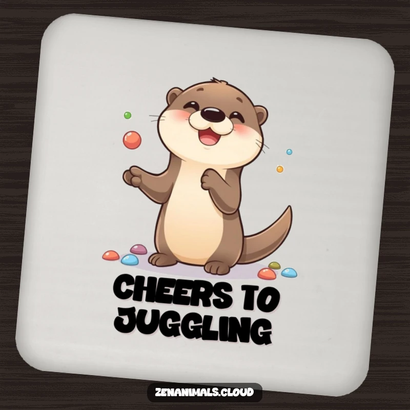 Funny coasters featuring a cute otter juggling colorful pebbles with a cheerful smile, adding a playful and protective element to any surface.