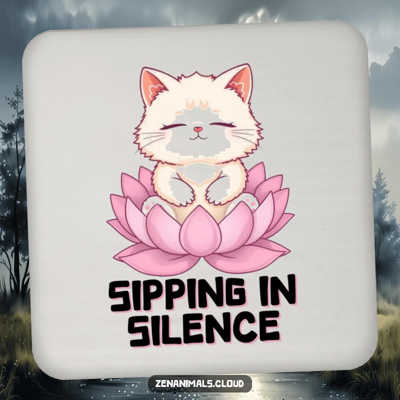 Funny cat meditation drink coaster with a fluffy cat on a lotus, protecting tables with zen humor.