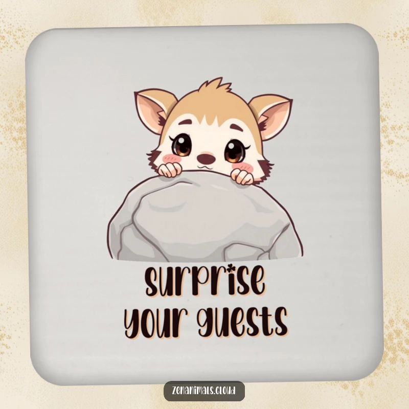 Funny curious animal coaster featuring a creature peeking over a rock with a surprised expression, adding a humorous touch to any table.