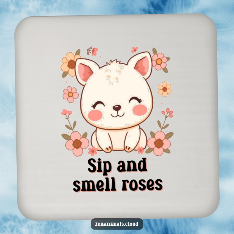 Funny drink coasters featuring a happy animal's peaceful smile among lovely floral designs, adding a cheerful accent to any table.