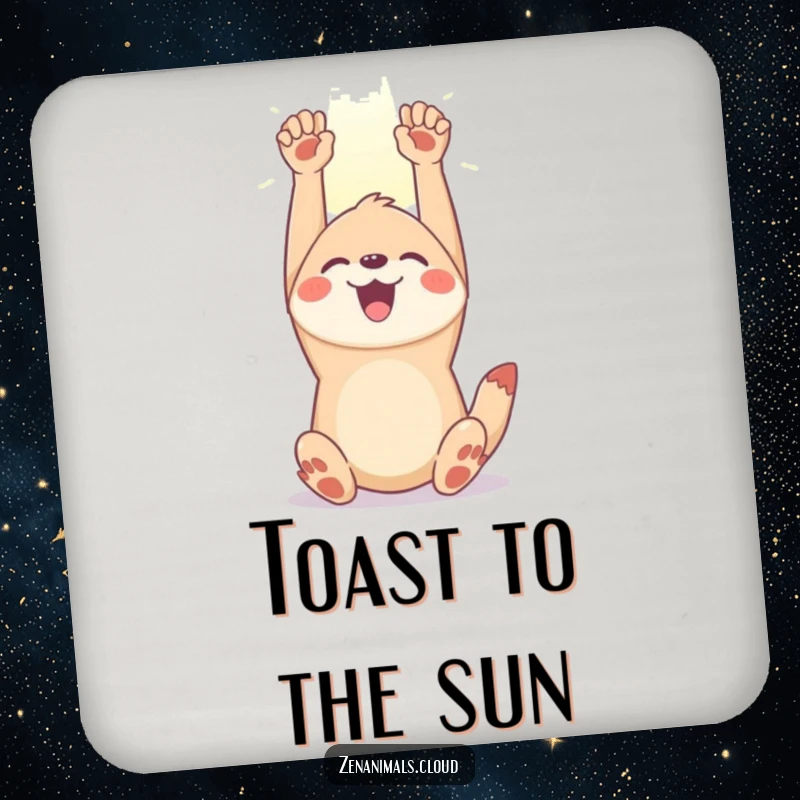 Funny joyful animal coaster featuring a happy creature stretching its limbs towards a sunbeam, adding a touch of sunshine to any table.