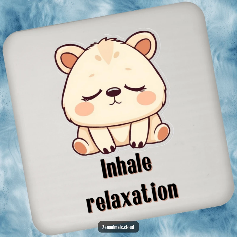 Funny animal breathing deeply with eyes closed on a protective drink coaster.