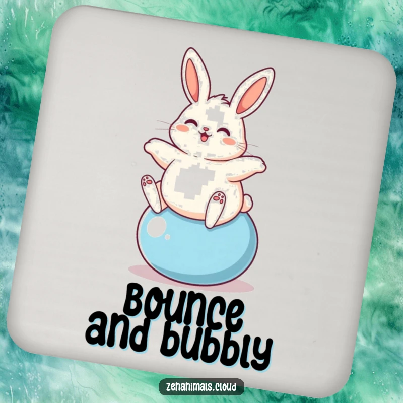 Funny plump bunny happily bouncing on a yoga ball, featured on a drink coaster for a touch of energy.
