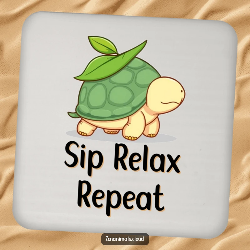 Funny turtle drink coaster with a leaf on its head, depicted walking slowly, adding a humorous and protective touch to any surface.