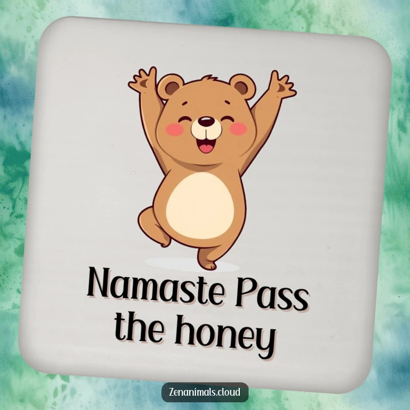 Funny coasters featuring a cheerful bear in a triumphant yoga pose, adding a humorous and protective element to any table setting.