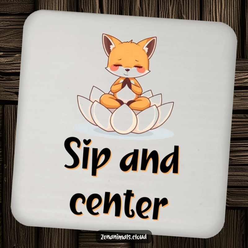 Funny tiny fox meditating on a floating lotus flower, featured on a drink coaster for a touch of zen.