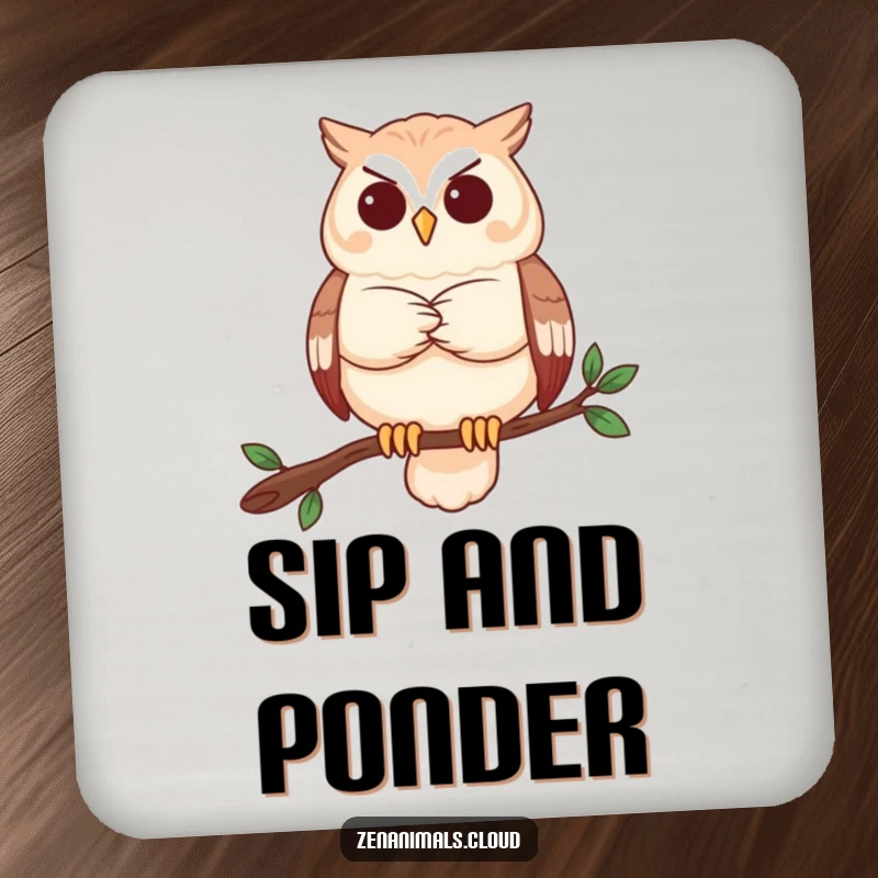 Funny owl drink coaster with a serene owl contemplating, protecting tables with intellectual humor.