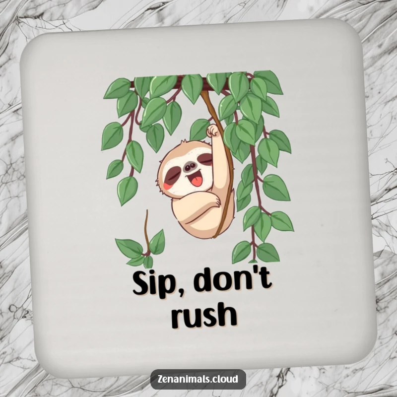Funny sloth character slowly reaching for a vine with a yawn, featured on this protective, humorous drink coaster.