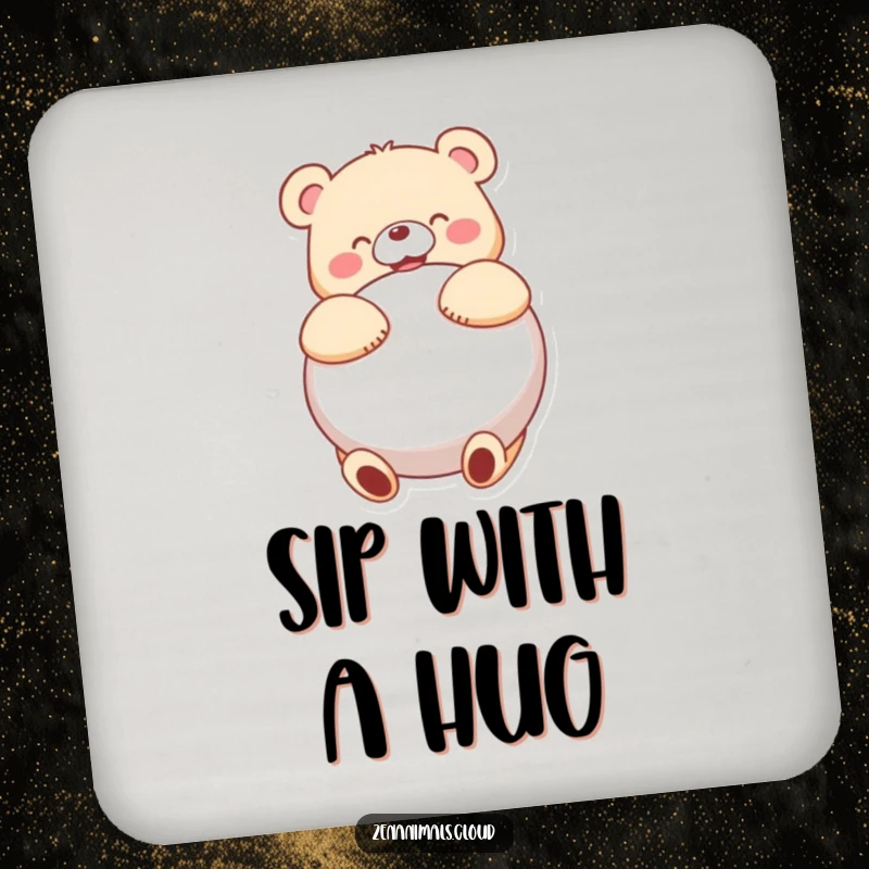 Funny bear character joyfully hugging a large round cushion, featured on this protective, humorous drink coaster.