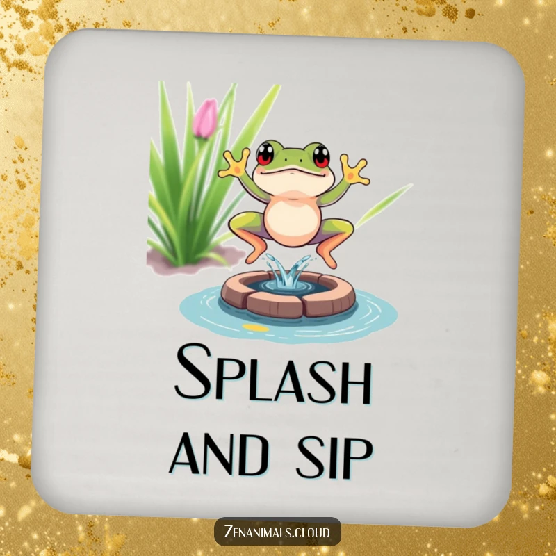 Funny frog drink coaster with a frog leaping into a tiny pond with a splash, offering humorous surface protection.