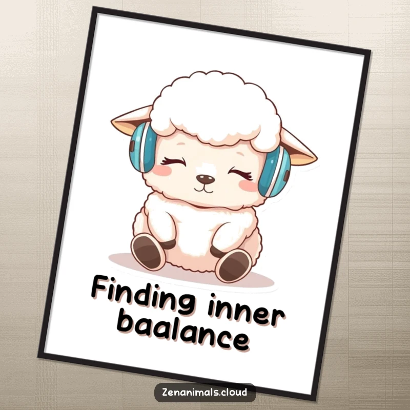 Funny sheep meditation poster showing a fluffy sheep wearing headphones, eyes closed in peaceful, humorous contemplation.