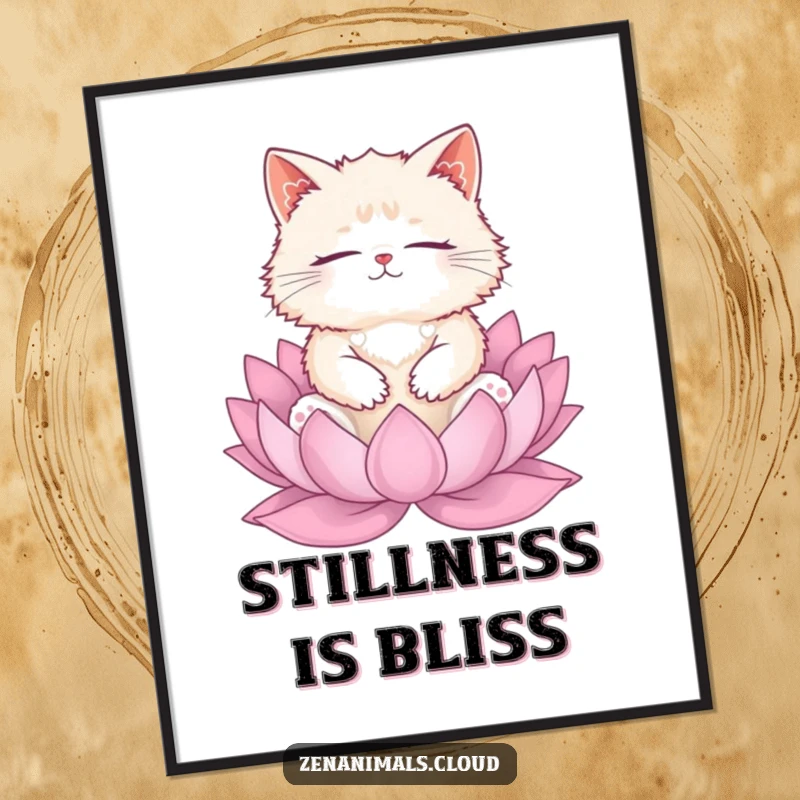 Funny cat meditation poster print of a fluffy cat on a lotus, serene and humorous wall art gift.