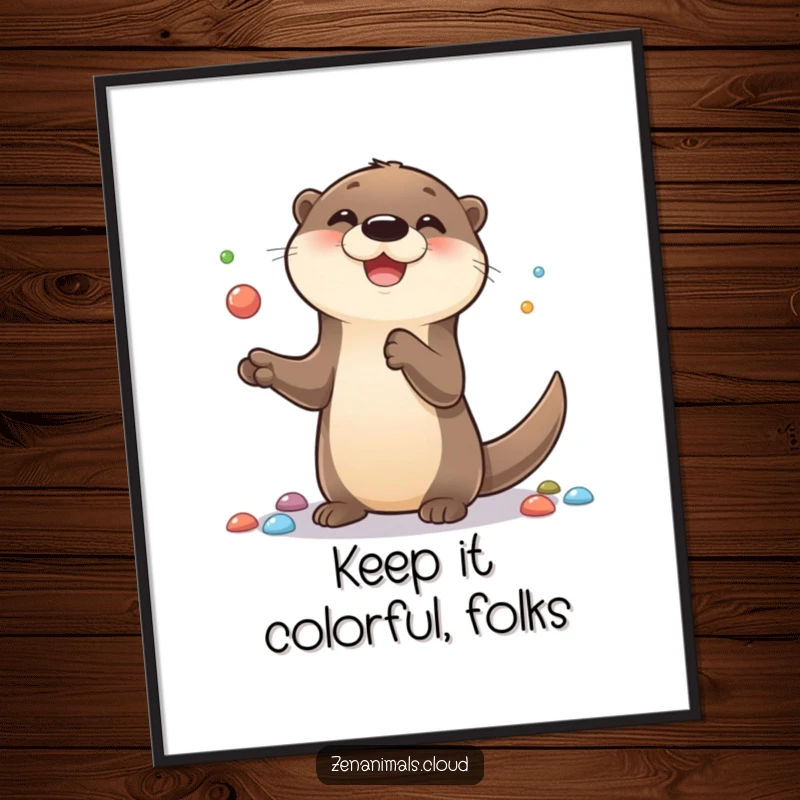 Funny poster depicting a cute otter with a joyful smile, skillfully juggling colorful pebbles, adding a whimsical touch to wall art.