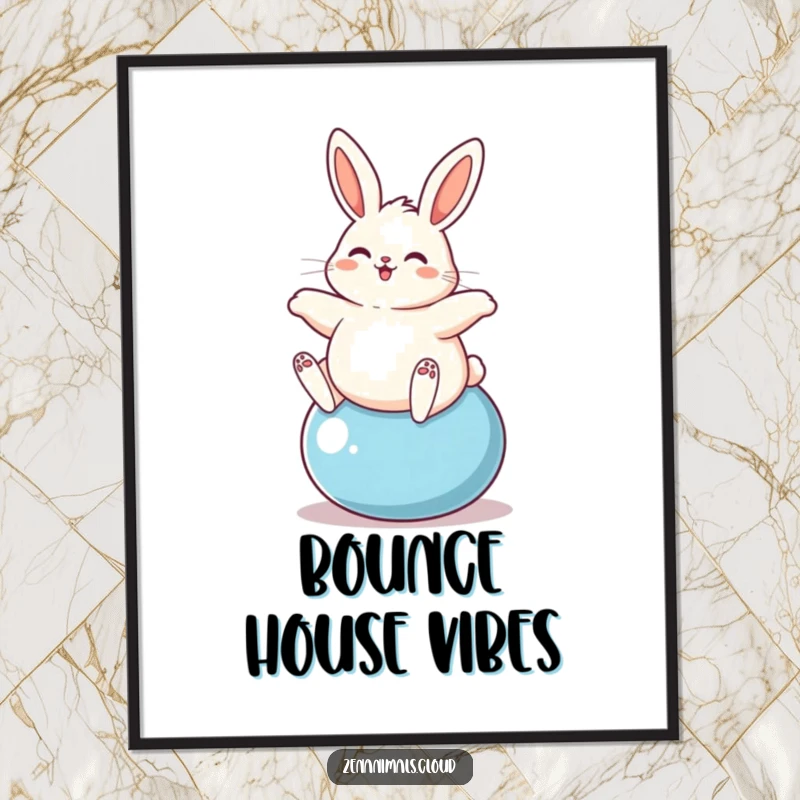 Funny plump bunny happily bouncing on a yoga ball, creating energetic and funny wall art.