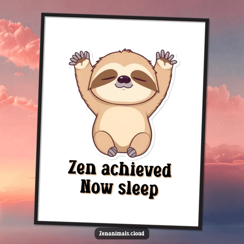 Funny poster featuring a sleepy sloth slowly stretching its arms upwards, creating a peaceful yet humorous visual for wall decor.