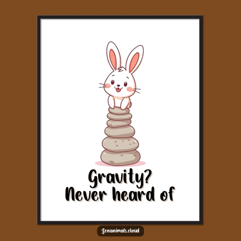 Funny Bunny Balance Poster: Cheerful Pebble Stacker Art, Hilarious Wall Decor Gift