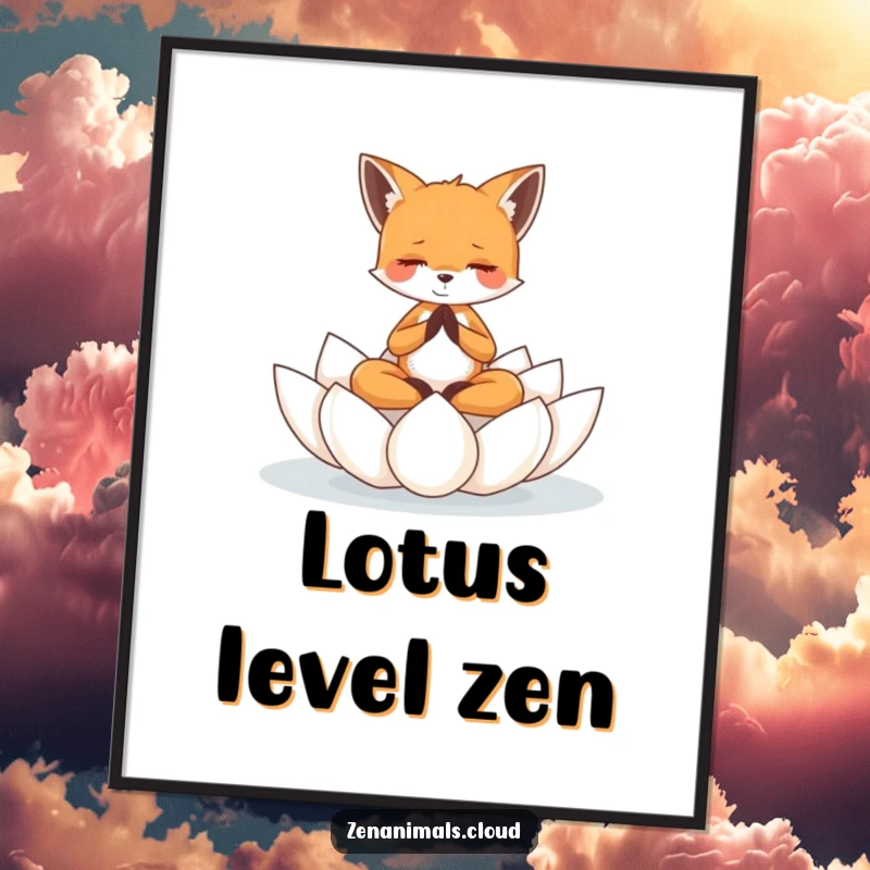 Funny tiny fox meditating peacefully on a floating lotus flower, creating serene and funny wall art.