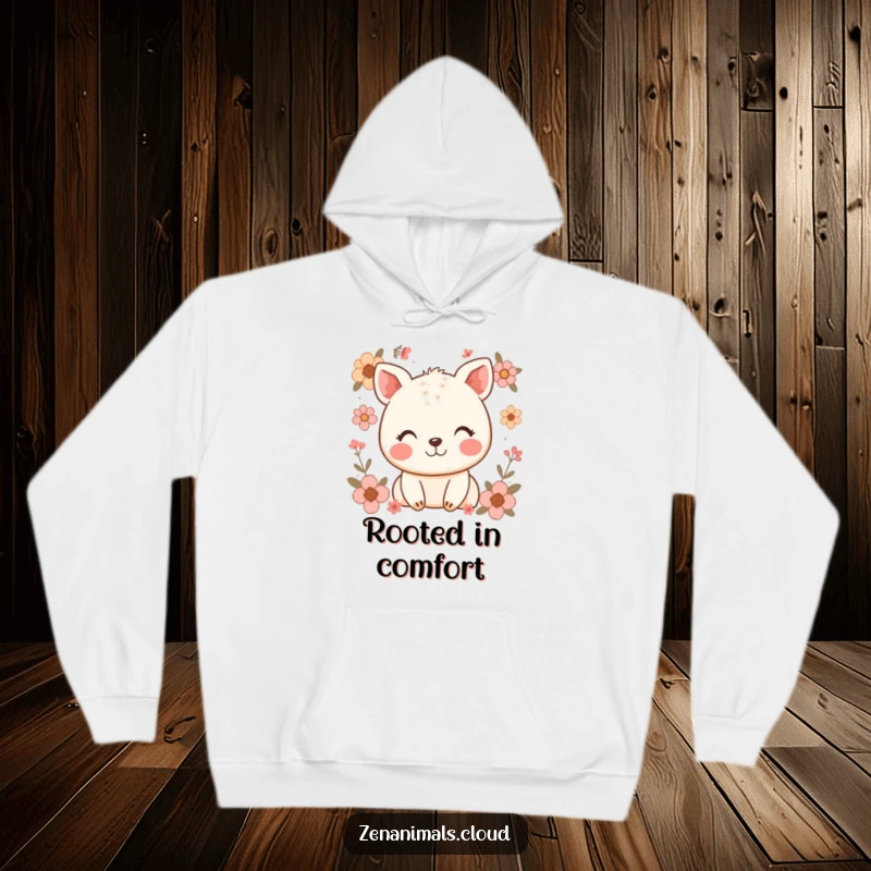 Funny hoodie depicting a content, happy animal with a soft smile, surrounded by elegant floral patterns, offering comfort and cheer.