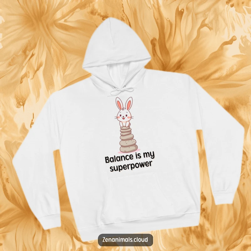 Funny Hoodie featuring a cheerful bunny balancing a stack of pebbles, designed for cozy humor and warmth.