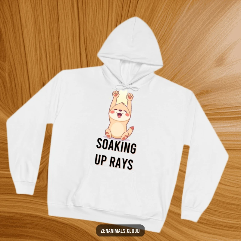 Funny joyful animal hoodie showing a happy creature stretching its limbs towards a sunbeam, designed for comfort and radiating positivity.