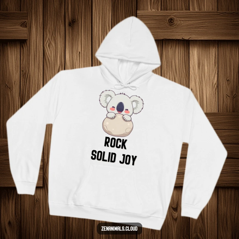 Funny Hoodie showcasing a joyful koala hugging a smooth stone, eyes wide with delight, offering warmth and cheerful vibes.
