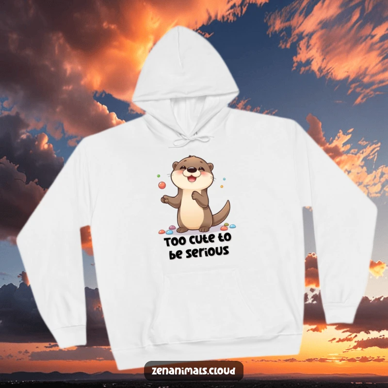 Funny hoodie with a cute otter happily juggling colorful pebbles, offering warmth and a touch of playful charm for casual wear.